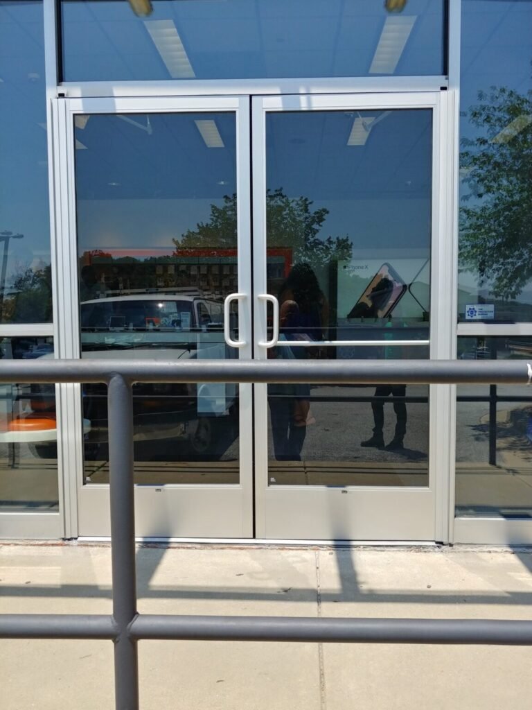 Commercial glass double doors with push bar