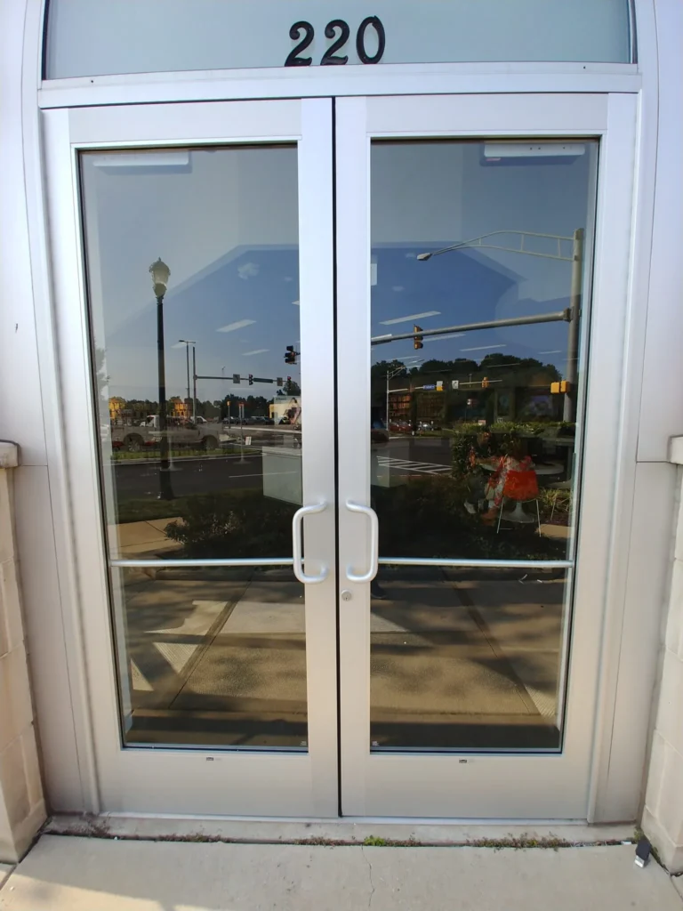 Commercial glass double doors with door pulls